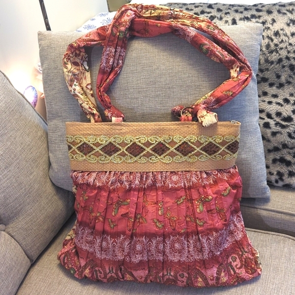 Bohemian Paisley Tote Bag  Multicolor Sequins Glitter Straw Accent - Picture 8 of 11